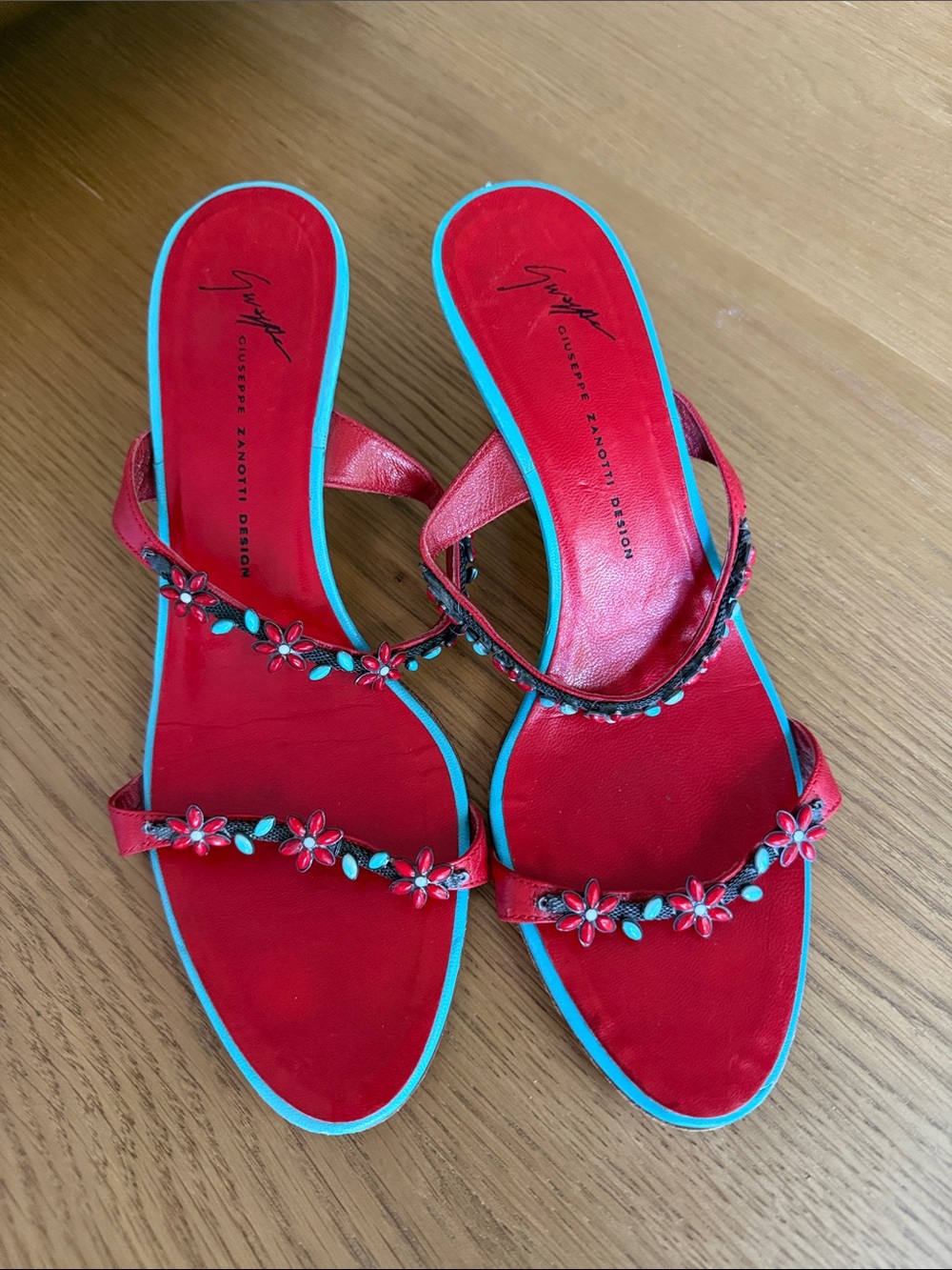 Giuseppe Zanotti Red Sandal Slides with Turquoise Trim and Floral Beads